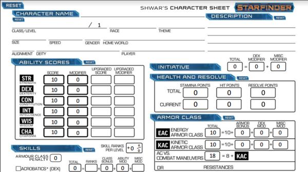Starfinder character sheet editable pdf