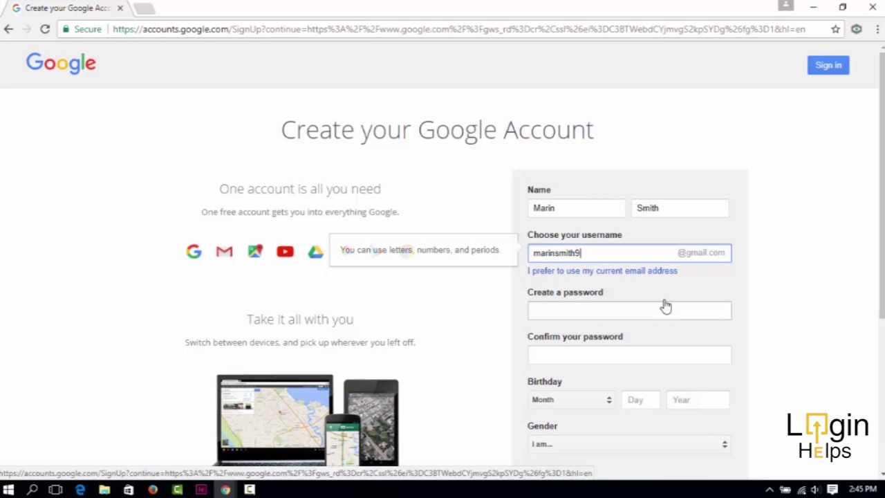 Procedure on how to create new google account